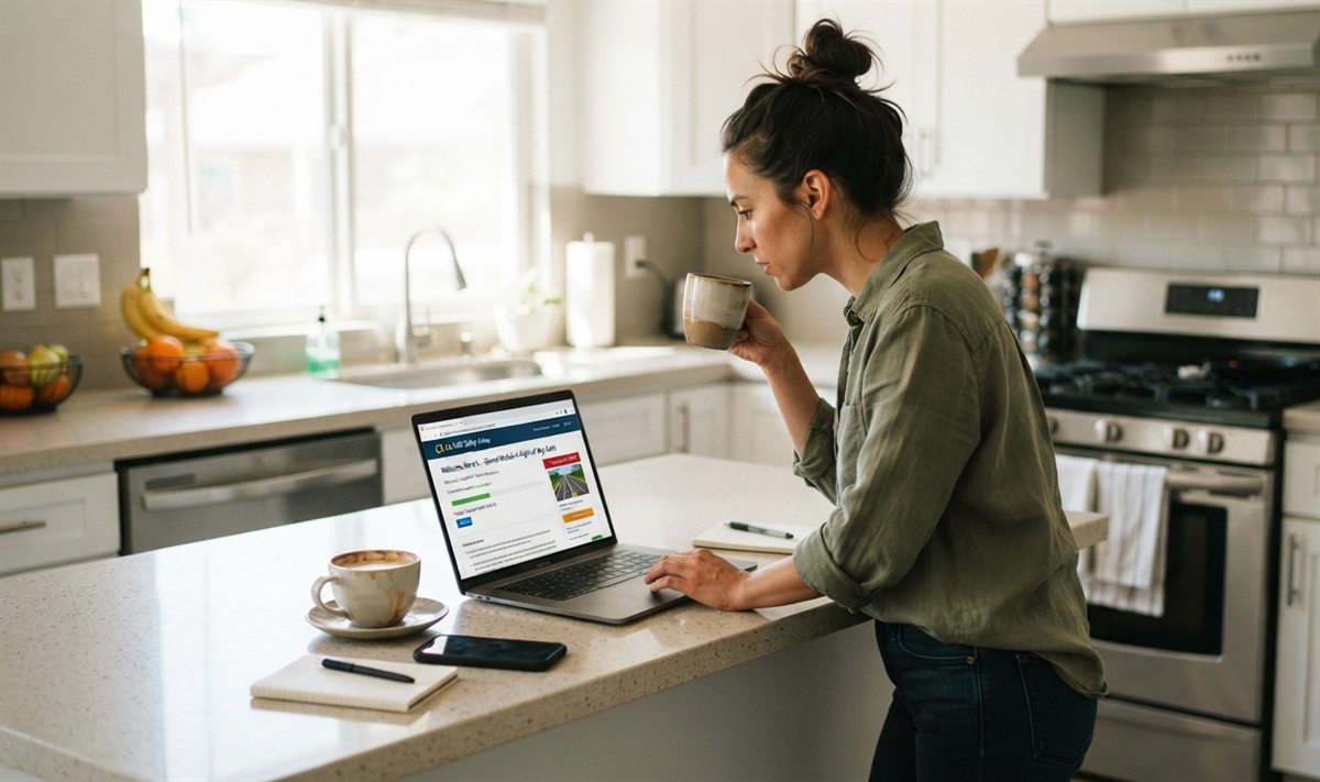 A California driver working through the online traffic school course on a laptop at her kitchen counter in the morning.