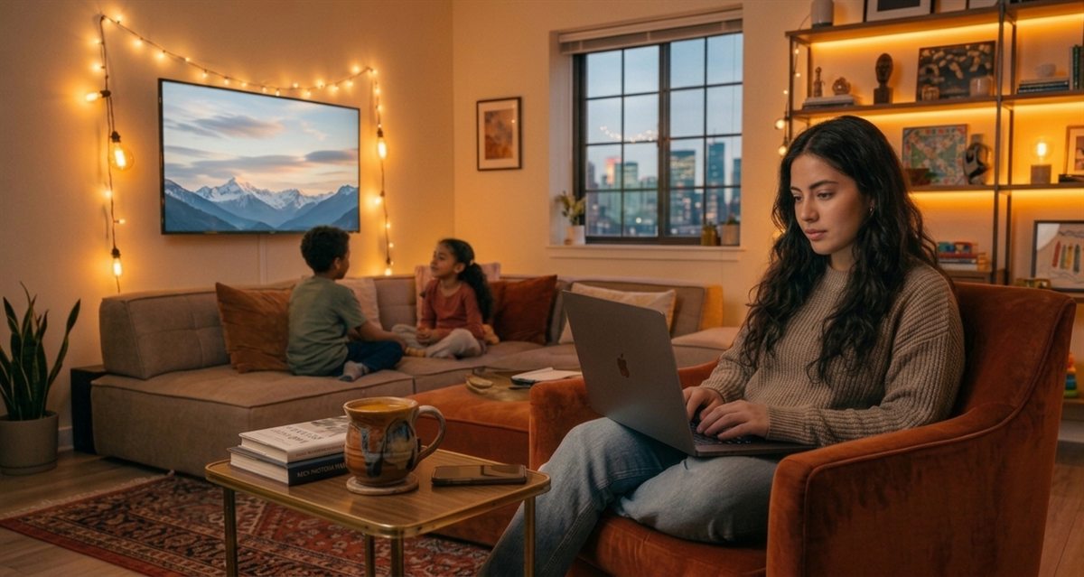 A parent working through an online traffic school course on a laptop in the evening, while two children watch television in the same room.