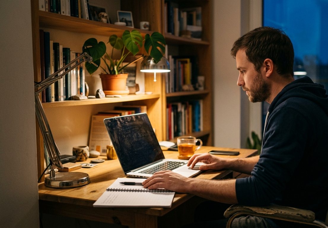 A Virginia driver working through the eight-hour driver improvement clinic on a laptop at a home desk in the evening.